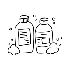 Hand Drawn Shampoo and Conditioner Bottles with Soap Bubbles