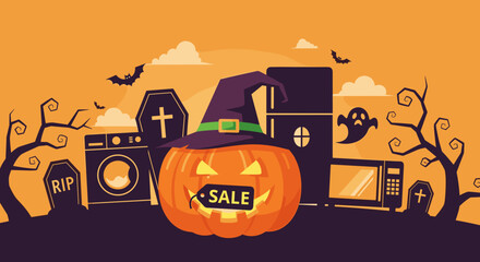 Halloween sale with a witch hat pumpkin and SALE tag amidst spooky elements like appliances bats and graves Ideal for holiday promotions