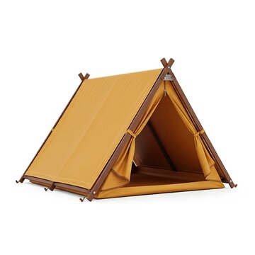 Cozy yellow canvas a frame tent with wooden poles isolated on a white background