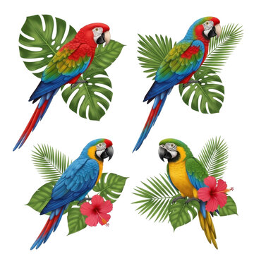 Set of four colorful tropical macaw parrots with exotic leaves.