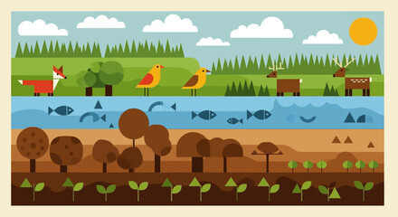 Ecosystem Landscape Vector Flat Style Animals and Plants in Different Environments