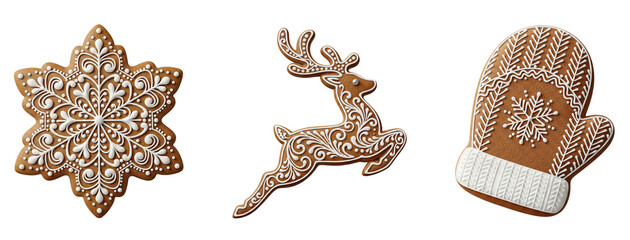 Gingerbread iced Christmas cookies snowflake reindeer mitten, gingerbread cookies, Christmas cookies, Isolated on transparent background, png