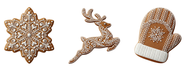 Gingerbread iced Christmas cookies snowflake reindeer mitten, gingerbread cookies, Christmas cookies, Isolated on transparent background, png