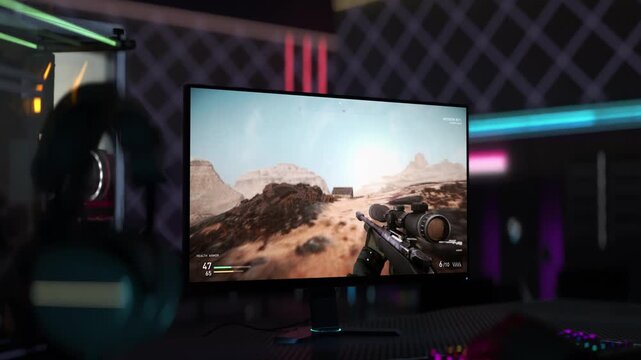 Playing a difficult level in the modern warfare video game. Player is trying to complete a level of the war simulator game. Player reaches goals to finish the level of a warfare computer game.