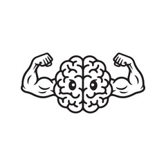 Strong brain icon with flexing muscle arms. Line art symbol of mental power, willpower, and intelligence. Vector for mental health and brain training.
