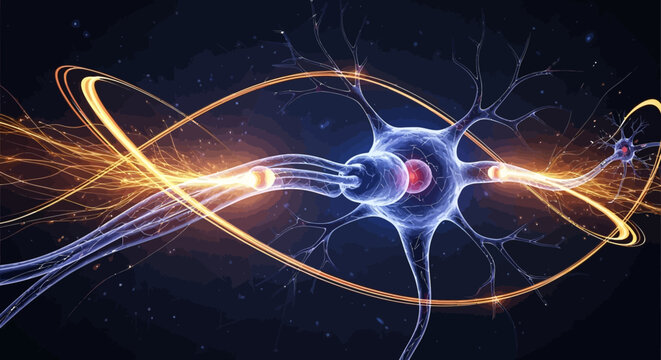 Neuron cell Glowing network connection with energy streams neural pathway concept