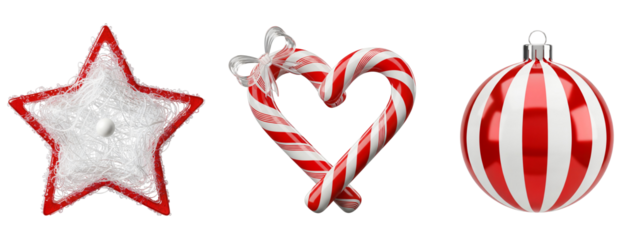 Red white candy cane Christmas ornaments star heart bauble, candy cane ornaments, red white ornaments, Isolated on transparent background, png