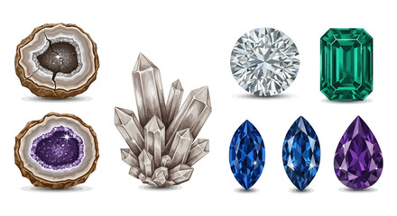 Assorted gemstones Hand drawn style Various cuts and colors Luxury concept