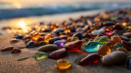 Obraz premium Brightly colored sea glass shines under the soft light of sunset scattered on the sandy shore.