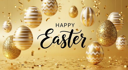 Elegant golden easter eggs with confetti and happy easter greeting on a warm background