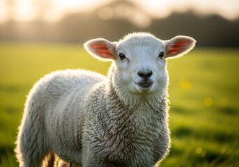 Fototapeta premium A fluffy white lamb stands in a sunlit green field, looking directly at the camera with a gentle expression.