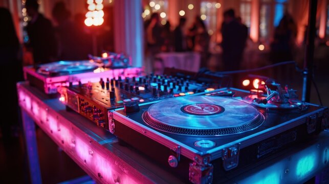 Colorful lights illuminate a DJ booth where vinyl records spin energizing the crowd during the night.