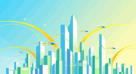 Futuristic cityscape stylized art bright pastel colors flying vehicles urban utopia optimistic future