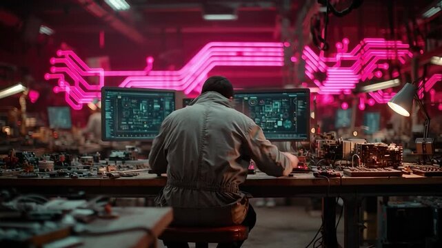 Tech Lab Explorer: A focused individual intently examines complex schematics within a cutting-edge laboratory environment. The room is awash in the light of technology.