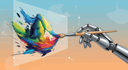 Robotic arm painting colorful abstract shapes digital art artificial intelligence concept future technology