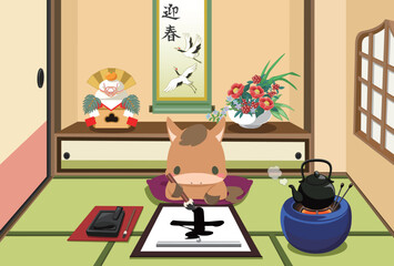 午年　年賀素材　2026年　書き初め　和室 　文字無し
