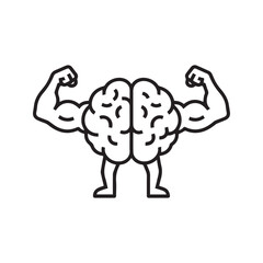 Strong brain icon with flexing muscle arms. Line art symbol of mental power, willpower, and intelligence. Vector for mental health and brain training.
