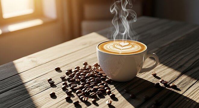Steaming hot latte art coffee cup with roasted beans on a rustic wooden table bathed in sunlight