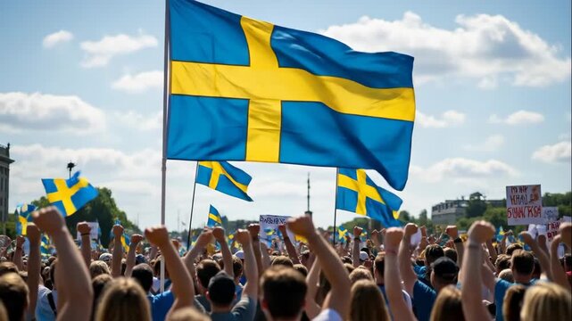 Person holds swedish flag waving in crowd. National holiday celebration with people gathered for event. European culture. International footage.