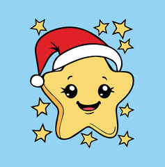 Cute Christmas Star Character with Santa Hat