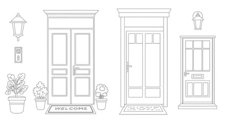 Line art illustration depicting three distinct exterior house doorways and details