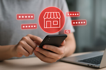 A person holds a smartphone viewing a large glowing icon of a storefront and multiple floating five-star ratings, signifying online reviews, customer feedback, shopping app usage