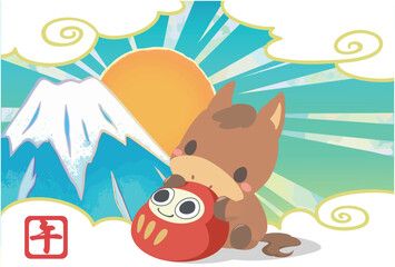 午年　年賀素材　2026年　午と達磨　富士山と初日の出年賀状　文字無し