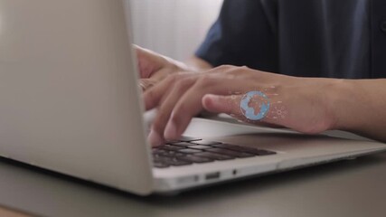 Businessman typing on laptop with futuristic data graphics overlay, showing stock chart, graph, and global network for analytics and digital innovation in technology driven economy - Powered by Adobe