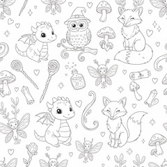 Fototapeta premium Enchanted Whimsy: A whimsical illustration with a magical pattern featuring a friendly dragon, a wise owl, a cunning fox, fairy, mushroom, and mystical elements.