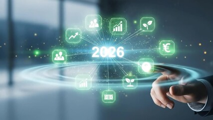 Businessman strategically plans future growth and financial success with digital interface displaying 2026 projections and global currency symbols - Powered by Adobe
