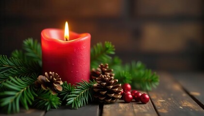 Burning candle, adorned with festive greenery & pine cones, wooden backdrop , still life, candle