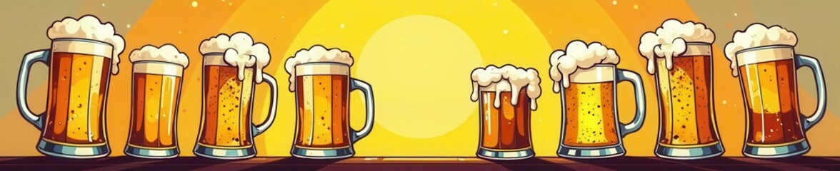 Cheers! International Beer Day; vector one-line beer mugs illustration, festive background banner, mugs, alcohol