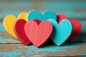 Close-up of colorful wooden hearts against weathered wood Home decor , hearts, spring