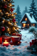 Cozy winter village scene with Christmas tree, gifts, candles, and hot chocolate , winter, dove