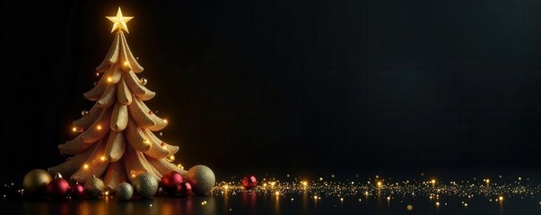 Elegant gold Christmas tree, shimmering garland on black , design, decoration