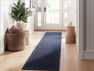 Elevate your entryway with this stylish navy blue runner rug, bringing warmth and texture to your home's first impression with natural decor accents.