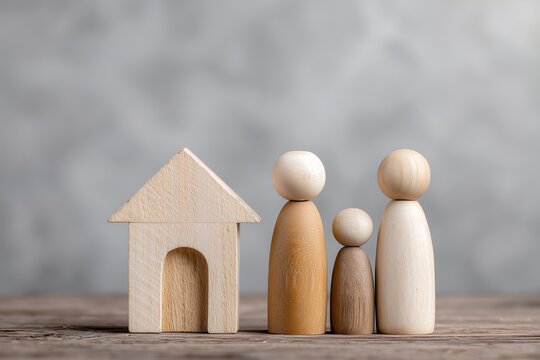 Wooden Family Figures with House Symbolizing Home and Togetherness