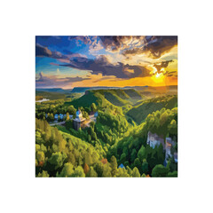 Sunset Over Mountain Valley Landscape Vector Illustration, Branson Missouri Sunset Landscape Vector Illustration, 