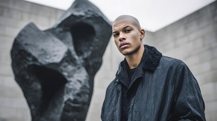 Man in dark jacket poses in front of abstract sculpture.