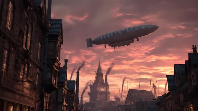 Steampunk city at sunset with airship flying overhead vintage architecture