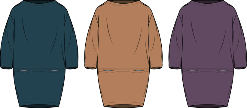 Vector illustration set of a women's oversized dolman sleeve tunic dress with a wide collar, isolated fashion design flat sketch template for a clothing collection