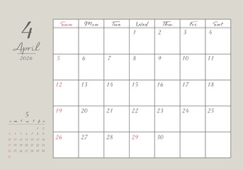 2026年 4月 おしゃれ書き込みカレンダー