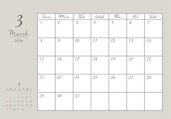 2026年 3月 おしゃれ書き込みカレンダー