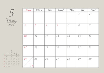 2026年 5月 おしゃれ書き込みカレンダー