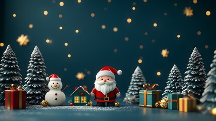 Cute 3D Santa Claus and snowman in snowy winter landscape with Christmas trees and gift boxes, festive holiday background with soft snowflakes and copy space for seasonal design or advertising.