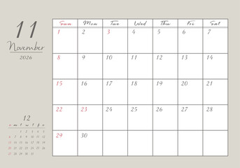 2026年 11月 おしゃれ書き込みカレンダー