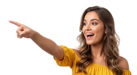 Smiling Woman Pointing: A portrait of a joyful woman pointing her finger towards something exciting, smiling with enthusiasm. Capturing a moment of discovery and anticipation.