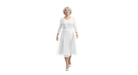 Elegant Stroll: A gracefully aged person strides confidently forward, radiating poise and happiness. Clad in a flowing gown, the person's composed demeanor evokes timeless beauty and self-assurance.