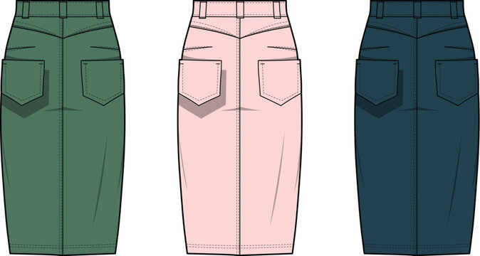 Three different colored pencil skirts with back pockets, isolated on white background