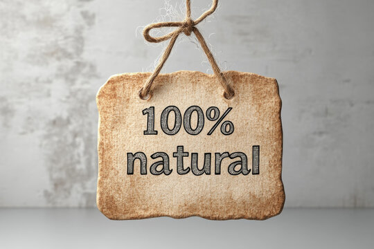 Authentic 100% natural product tag with twine, showcasing pure organic goodness and eco friendly appeal for conscious consumers seeking quality.